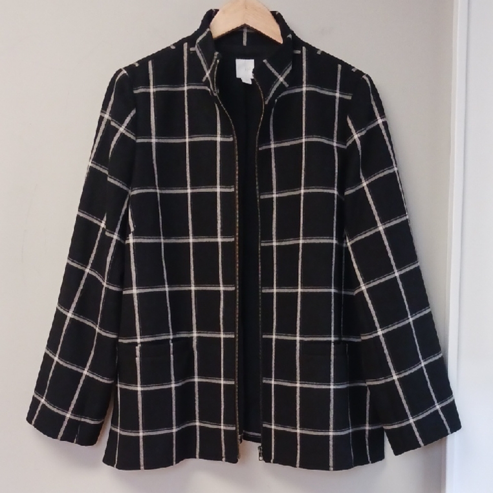 J. Jill Black White Windowpane Zip Up Coat Size M